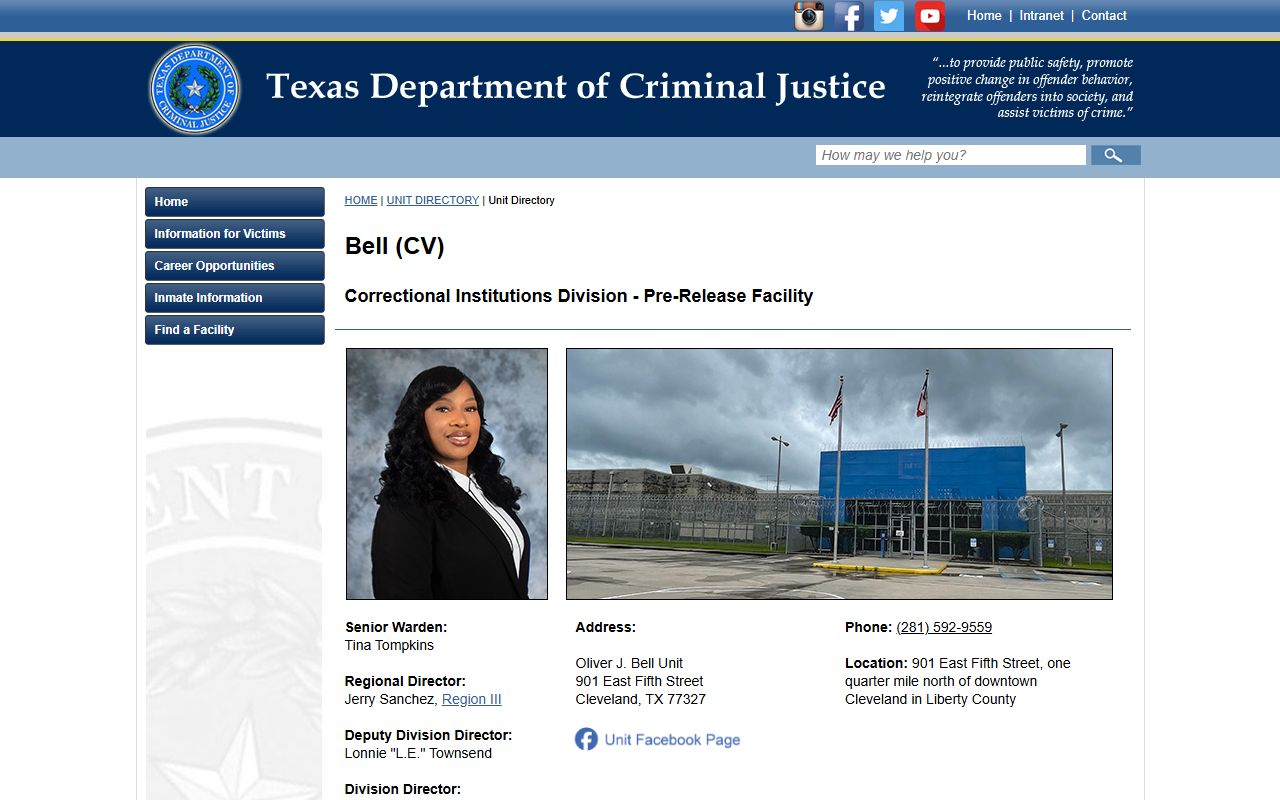 Oliver J. Bell Unit inmate lookup TDCJ facility page