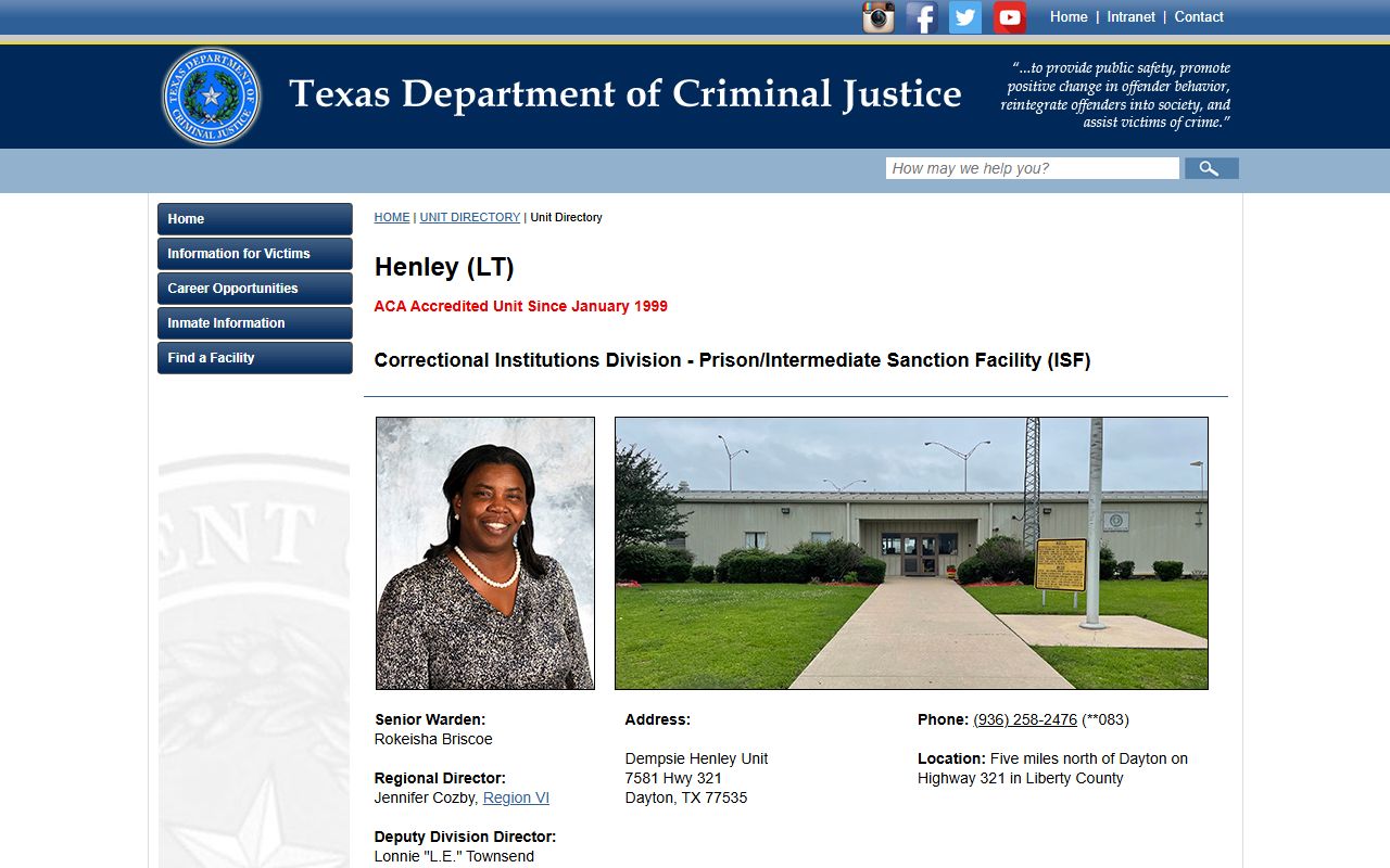 Dempsie Henley Unit inmate lookup TDCJ facility page