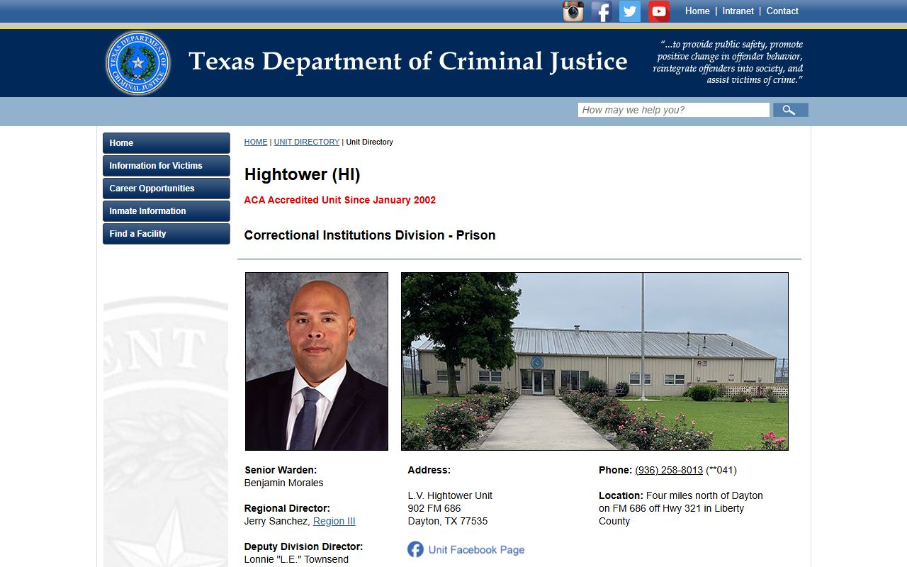 L.V. Hightower Unit inmate lookup TDCJ facility page
