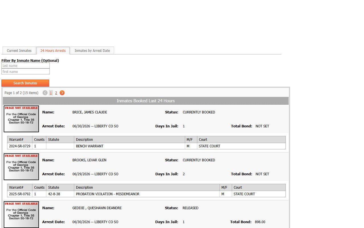 Liberty County jail inmate records 24 hour arrests tab
