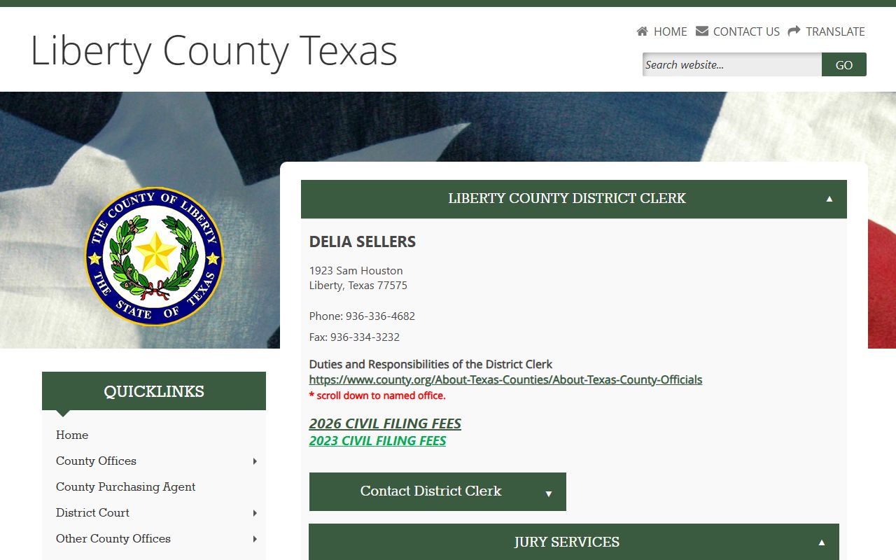 Liberty County court records after jail arrest District Clerk page