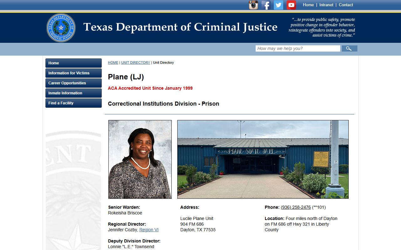 Lucile Plane Unit inmate lookup TDCJ facility page